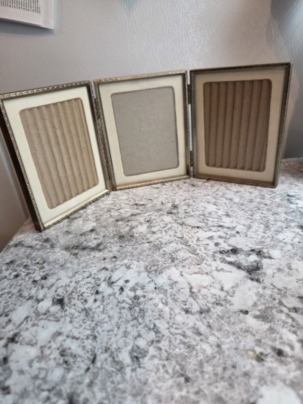 Vintage 1950s Brass Triple Folding Picture Frame Patterned Mid Century Standing